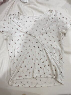 American Eagle Outfitters White Short-Sleeve Floral Wrap-Style Top
